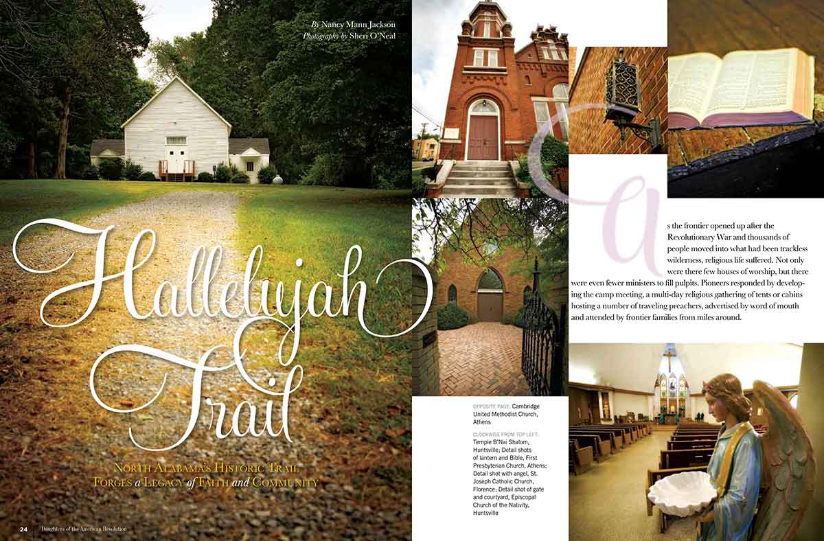 A magazine cover spread in American Heritage Magazine story on the North Alabama Hallelujah Trail with multiple pictures of churches.