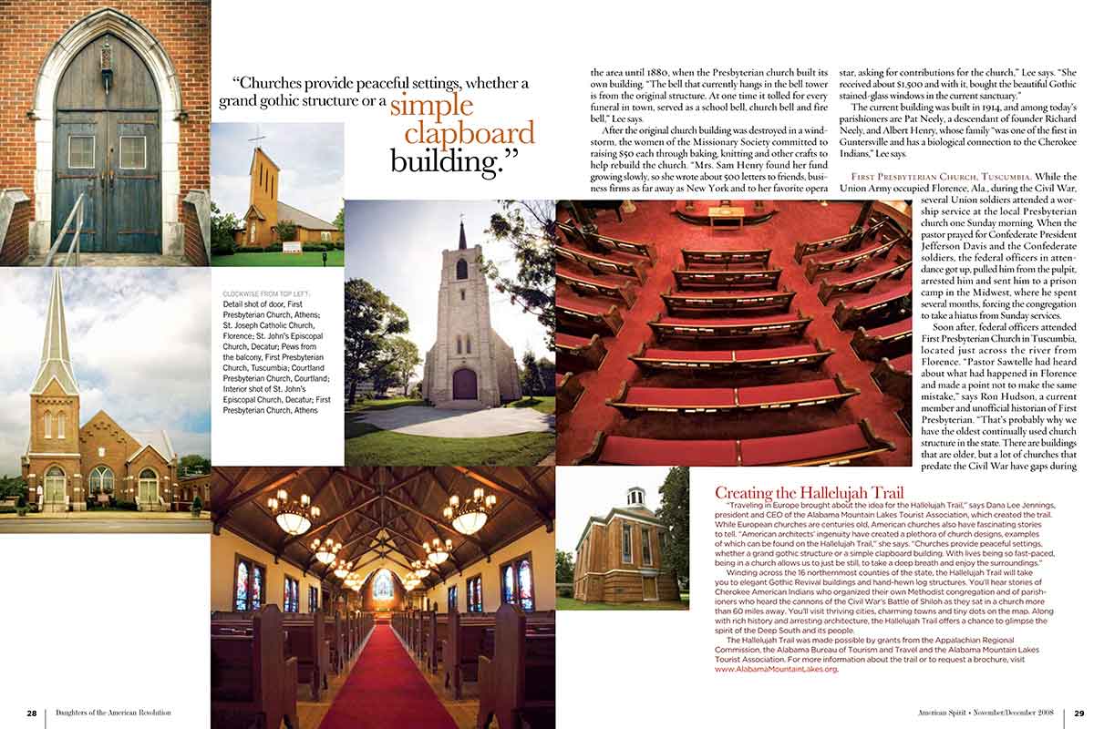A magazine spread pg 28-29 in American Heritage Magazine story on the Hallelujah Trail with multiple pictures of churches.
