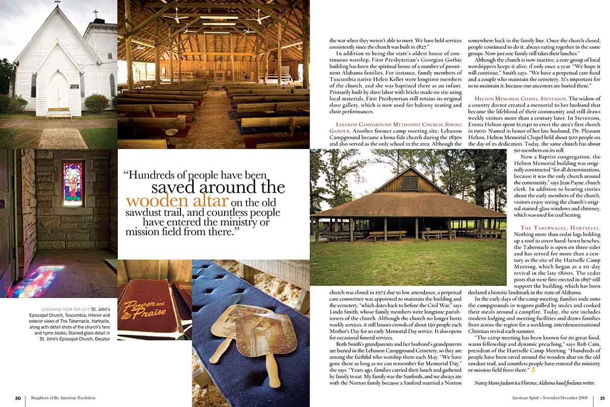 A magazine spread pg 30-31 in American Heritage Magazine story on the Hallelujah Trail with multiple pictures of churches.