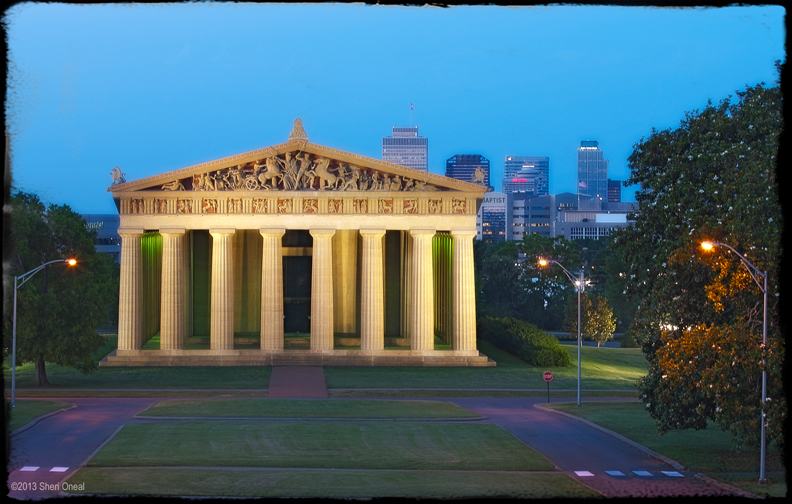 The Nashville Parthenon with downtown Nashville in the background