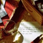Family photos old glasses handwritten poem on paper quill pen red book old cigar box fine art photo