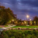 Tennessee Bicentennial Park park and urban railroad path at sunset