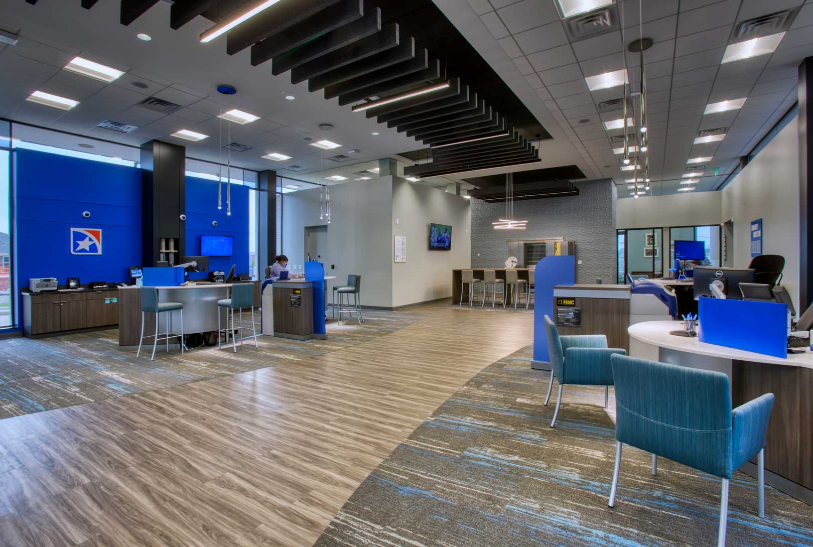 blue and white interior of the East Nashville First Horizon Bank