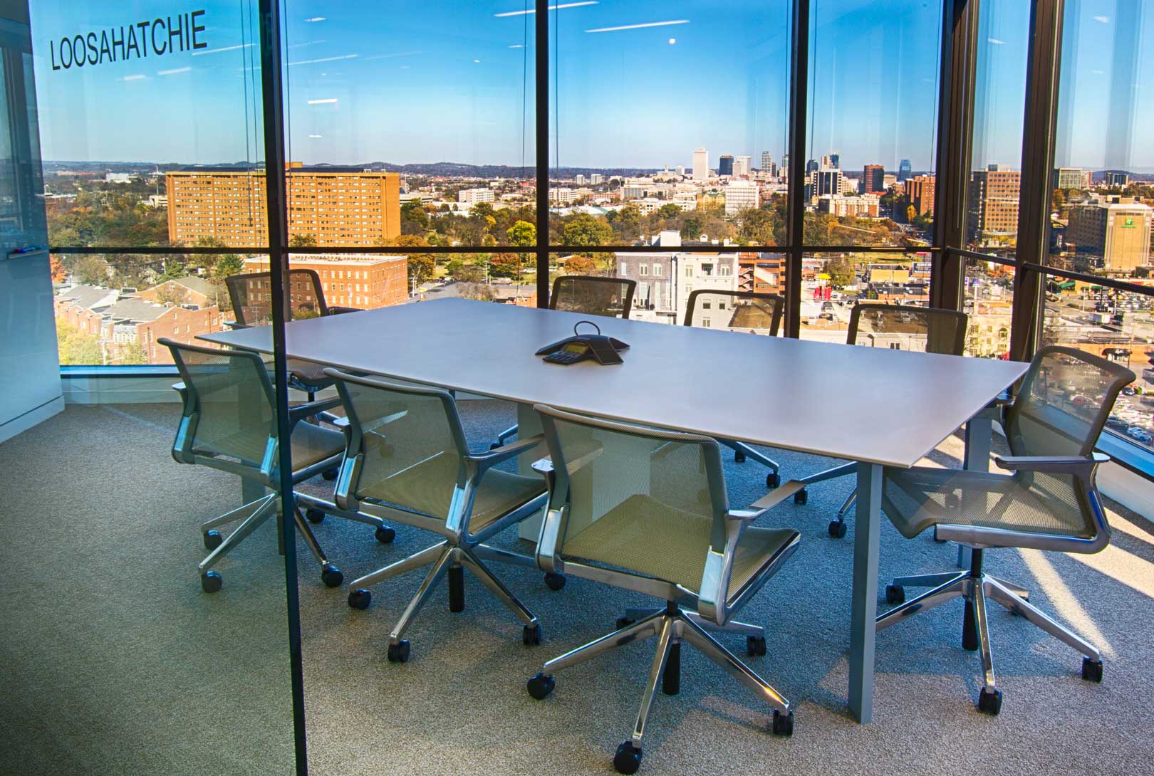 A conference room with a view of the city of Nashville.