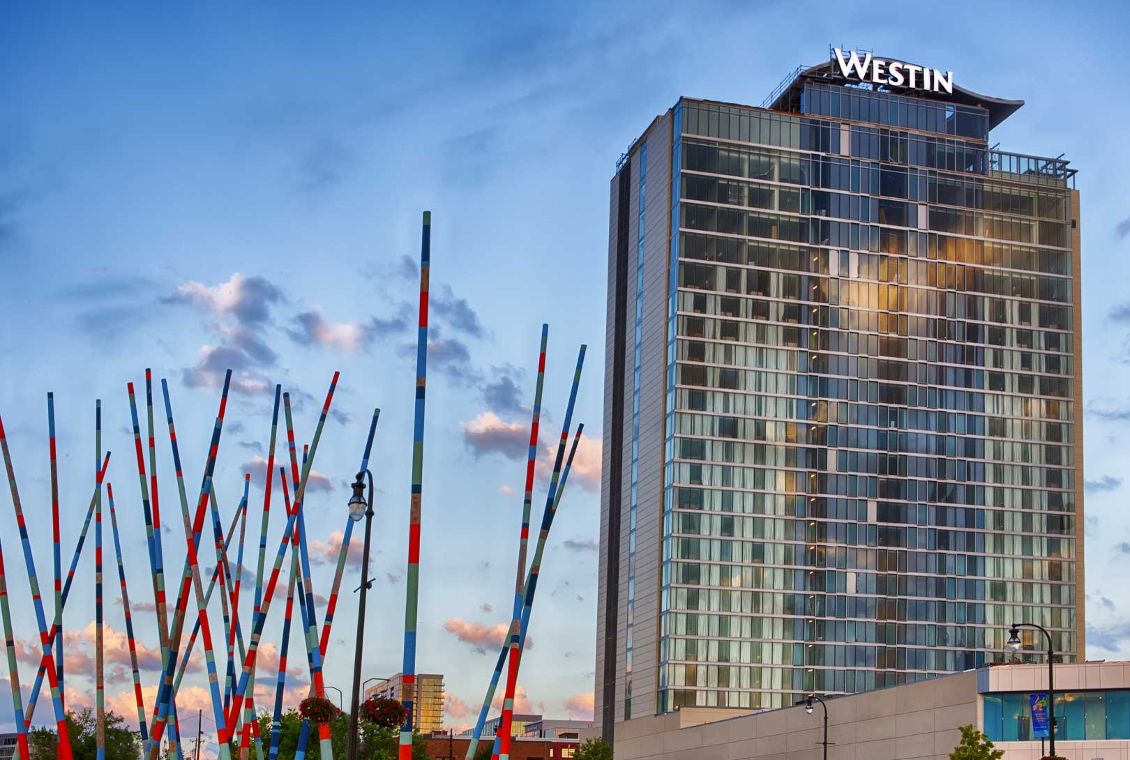 front of the Westin Hotel with the Nashville Stix sculpture in the foreground