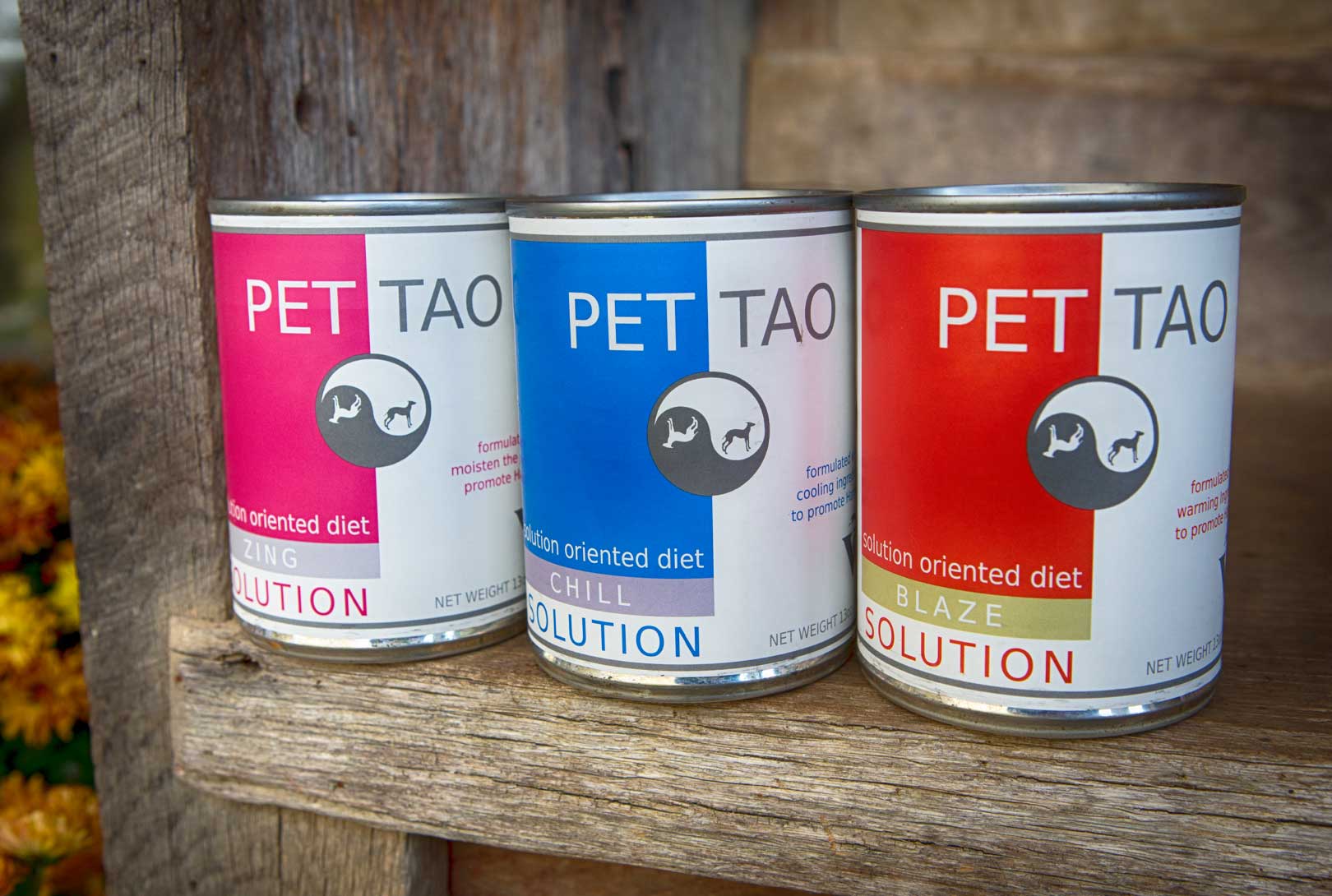 Pet Tao holistic dog food in the can in flavors Blaze solution, Chill solution, and Zing solution
