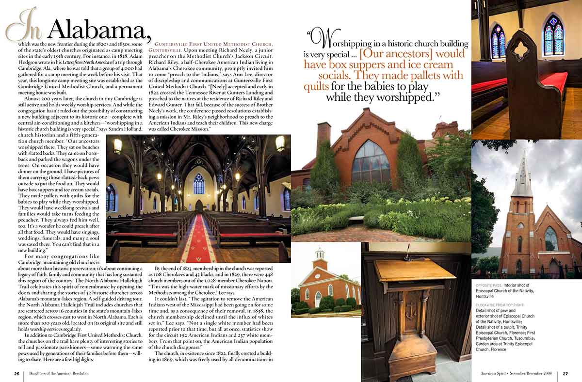 A magazine spread pg 26-27 in American Heritage Magazine  story on the Hallelujah Trail with multiple pictures of churches.