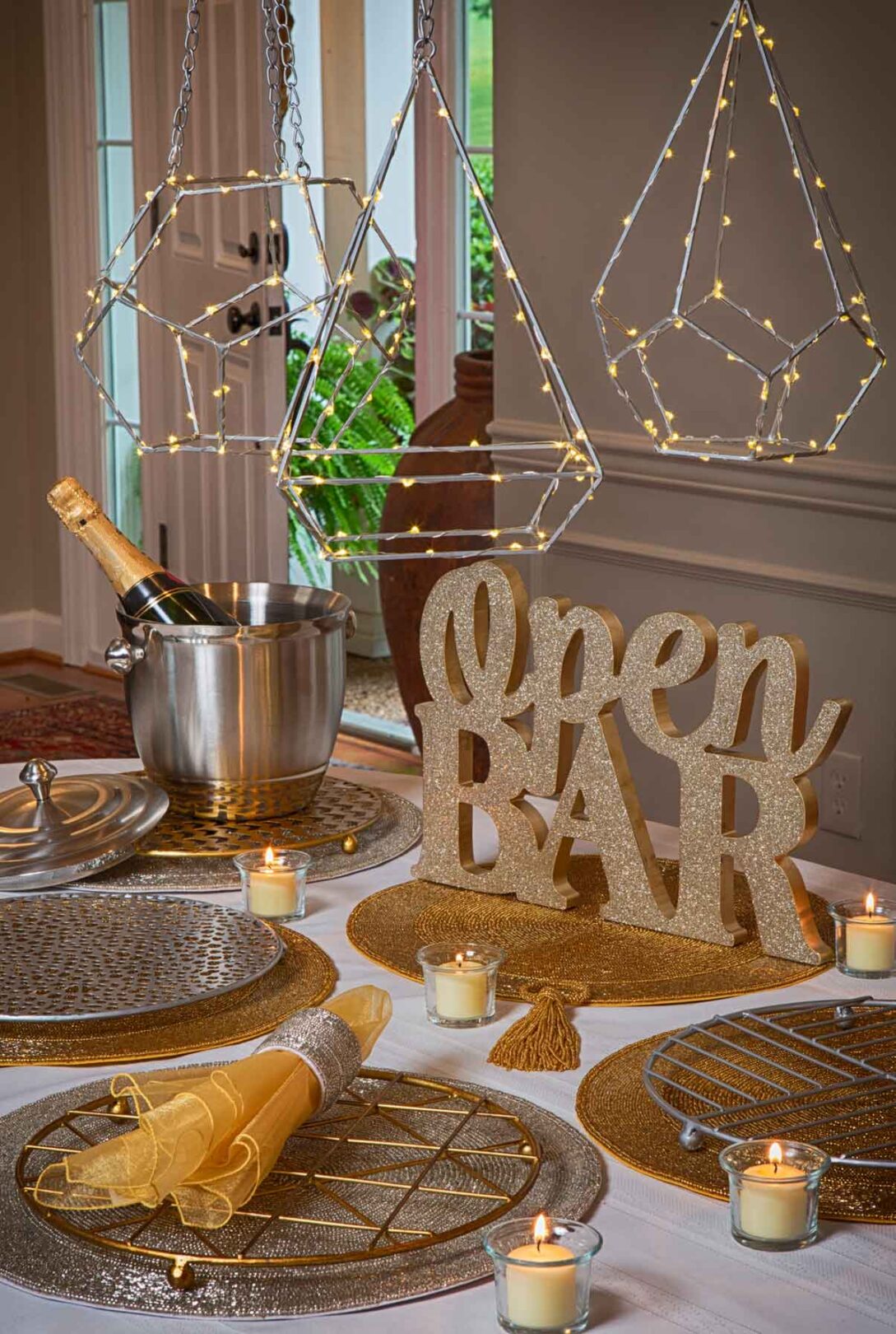 A table set up with home decor bar dinner items