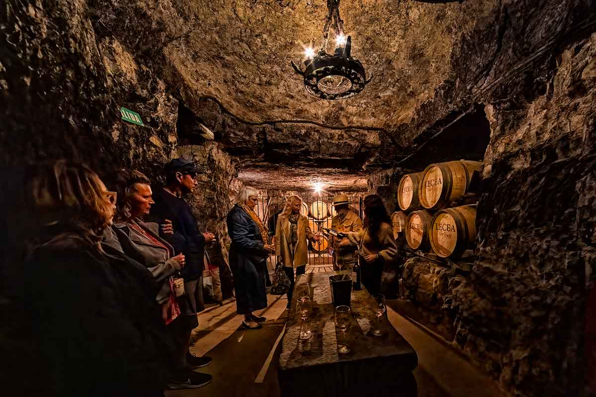People doing a cellar tour and tasting at the Lecea Bodega vineyard in Spain's La Rioja region.