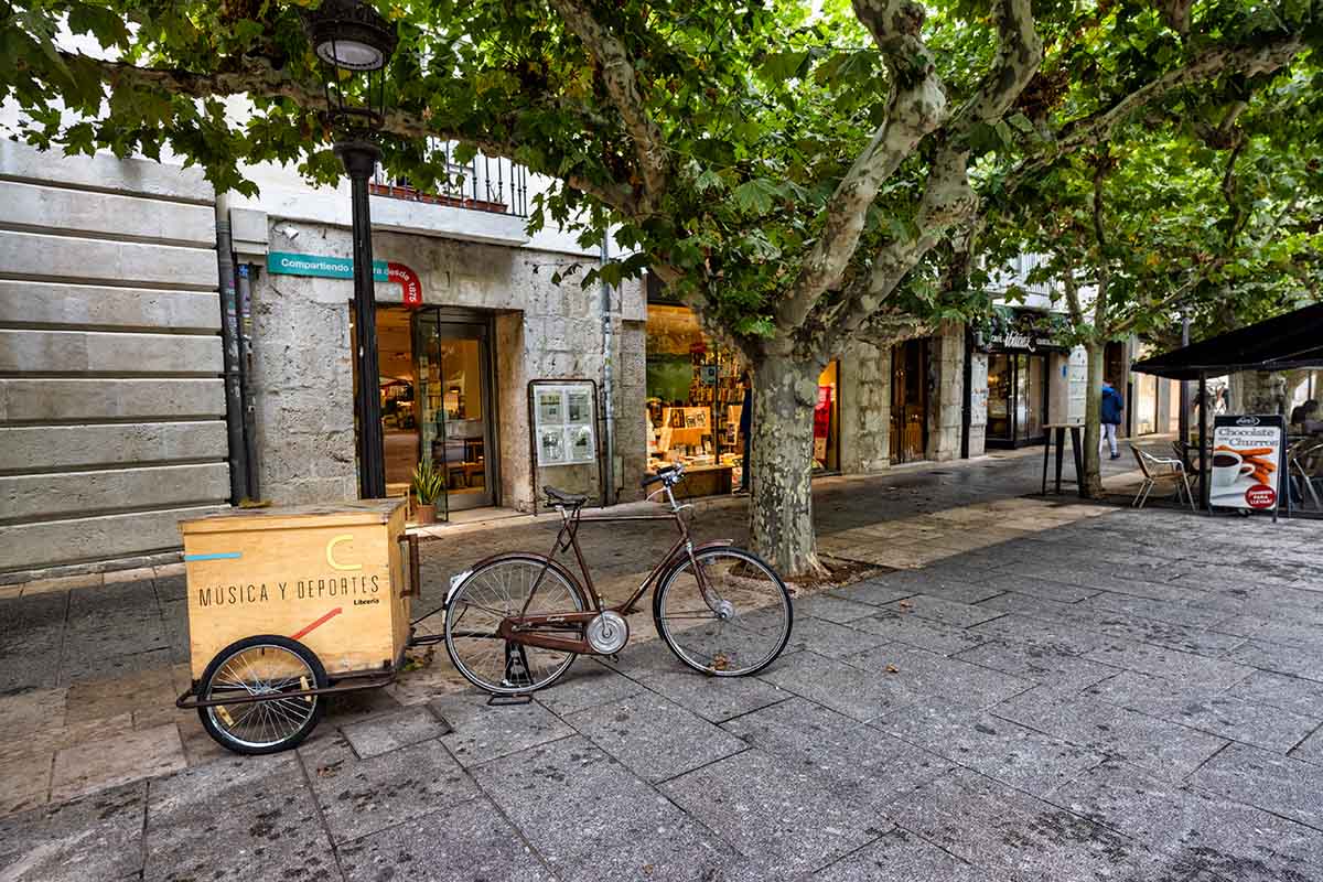 A bicycle with a wooden cargo box is parked on a tree-lined street in front of shops with stone facades in Burgos, Spain.