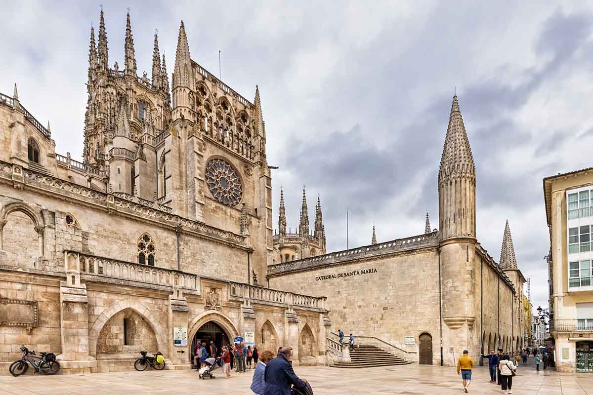 The exterior of the Burgos Cathedral entrance in Spain.