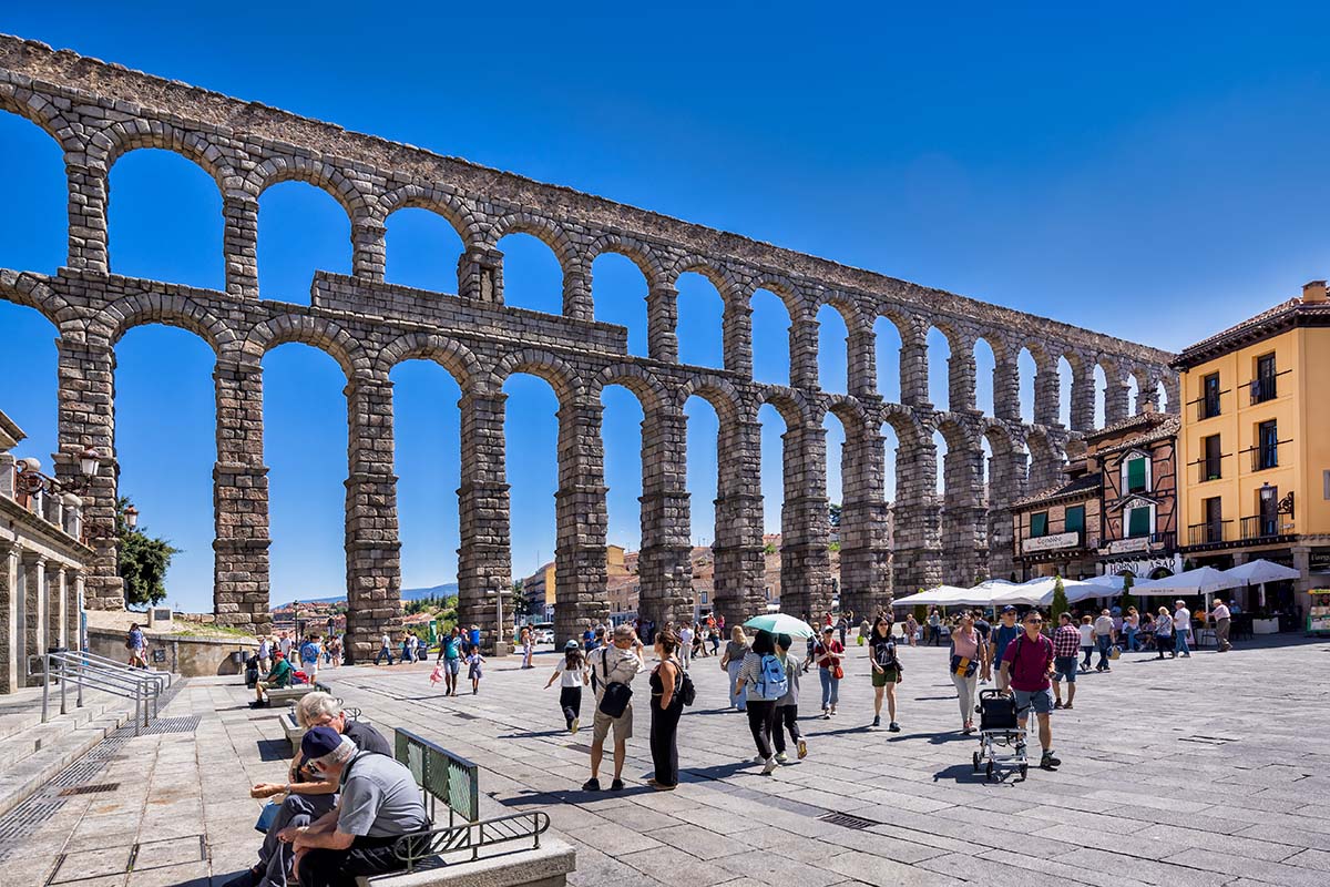 The columns of the medieval aqueduct in Segovia, Spain.