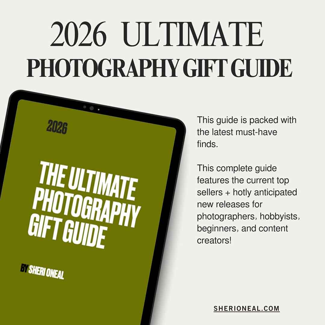 Tablet displaying "2026 The Ultimate Photography Gift Guide by Sheri Oneal" with descriptive text promoting top photography gifts, set against a neutral background.