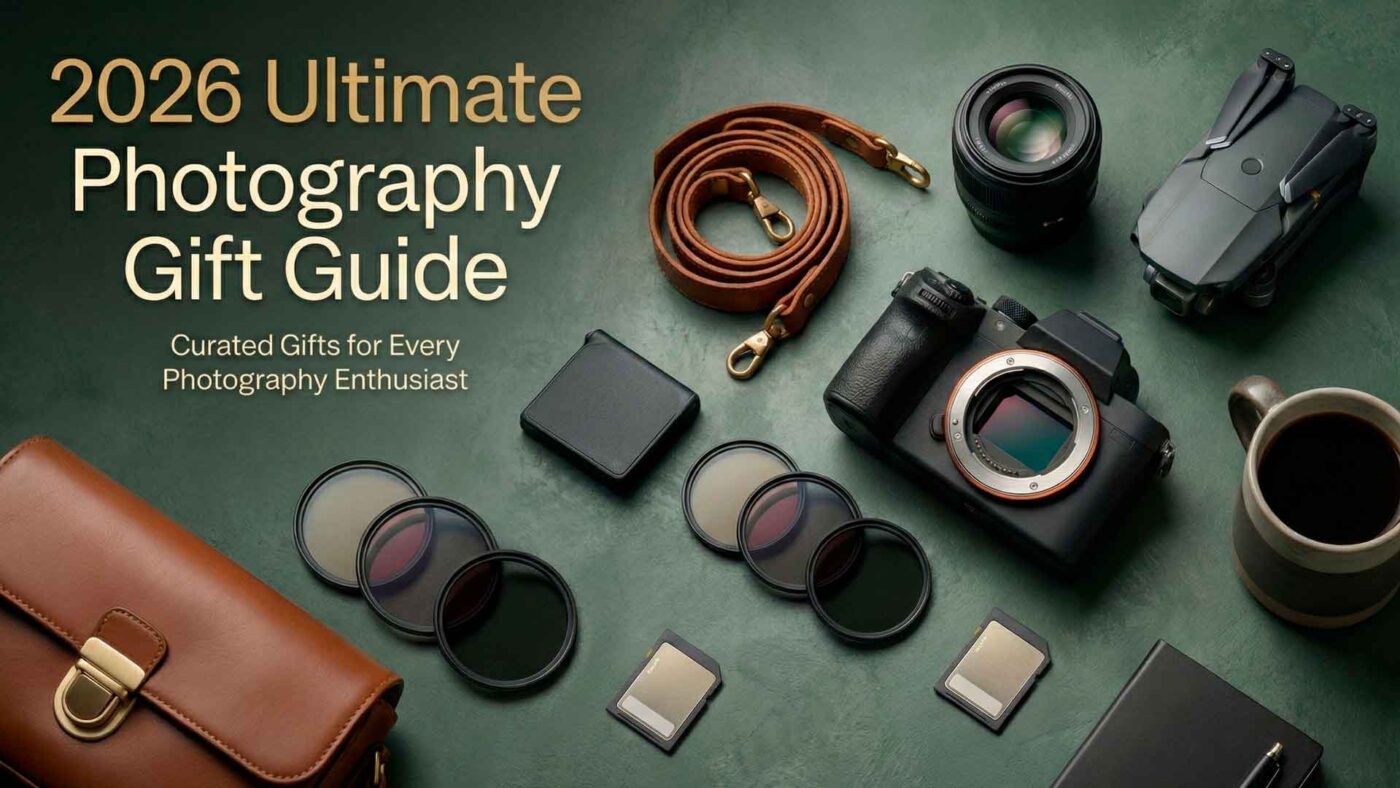 A flat lay of photography gear and accessories—including a camera, lenses, filters, drone, camera bag, strap, and coffee—centers around the text "2026 Ultimate Photography Gift Guide" for the perfect Photography Gift Guide inspiration.