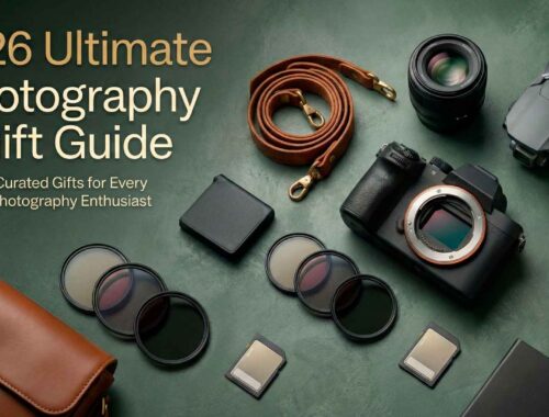 A flat lay of photography gear and accessories—including a camera, lenses, filters, drone, camera bag, strap, and coffee—centers around the text "2026 Ultimate Photography Gift Guide" for the perfect Photography Gift Guide inspiration.