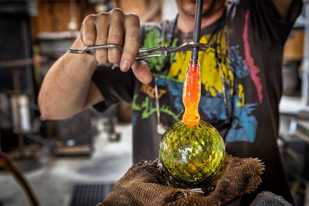 adding stem to green glass ornament, glassblower, Michael Allison, The Creative Push